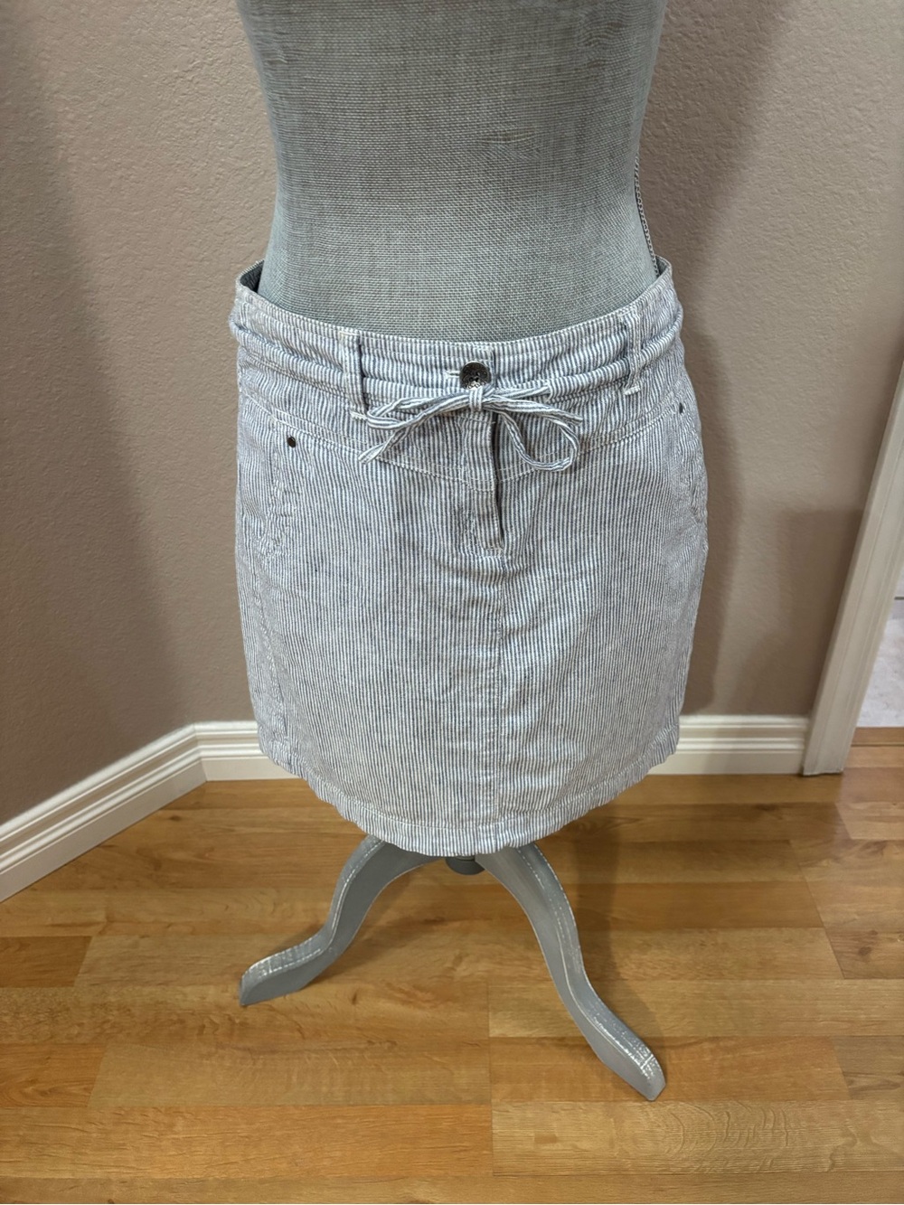 Kenar Light Blue & White Striped Drawstring Mini Skirt